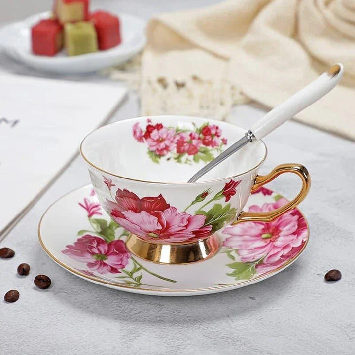 Charming floral porcelain tea set with cup, saucer, and spoon in a variety of delicate colour options