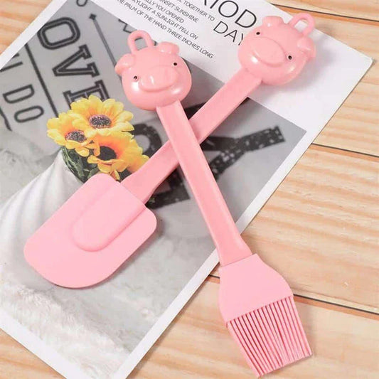 Cartoon pig-shaped silicone baking brush and scraper set for evenly applying oils and removing excess ingredients