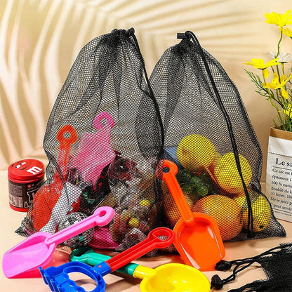 Multipurpose nylon mesh drawstring storage bag in two sizes for organising sports gear, laundry, and more