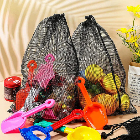 Multipurpose nylon mesh drawstring storage bag in two sizes for organising sports gear, laundry, and more
