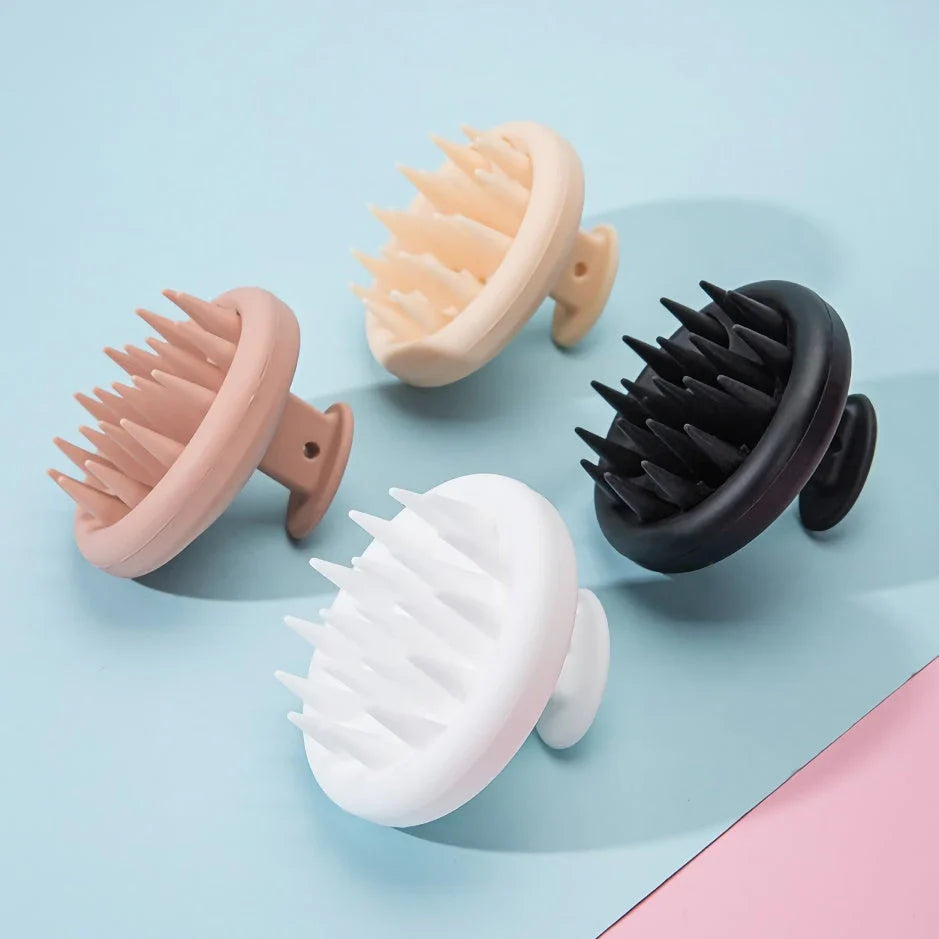 A green silicone scalp massager with soft bristles, designed to provide a soothing hair washing experience and promote healthy hair growth.