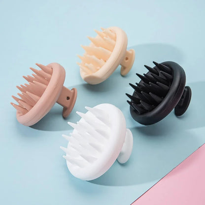 A green silicone scalp massager with soft bristles, designed to provide a soothing hair washing experience and promote healthy hair growth.