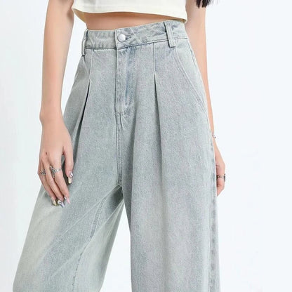 Premium high-waisted vintage straight leg women's jeans in a light wash finish with decorative details
