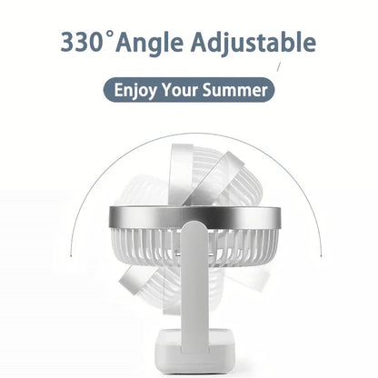 A compact, rechargeable USB desk fan with adjustable speed settings and a tilting head for targeted airflow.