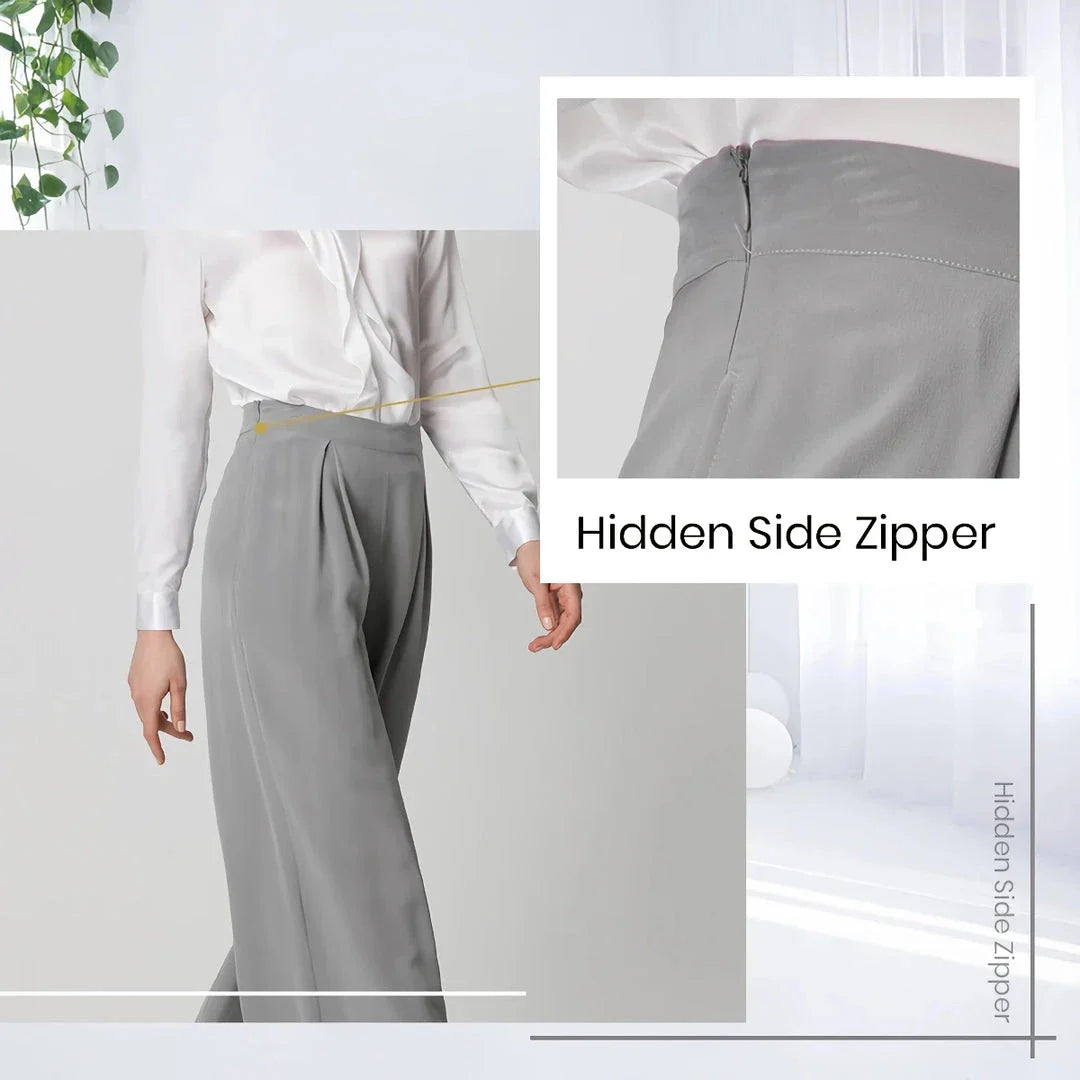 Exquisite grey silk wide-leg trousers with high-waisted design and relaxed fit for sophisticated style