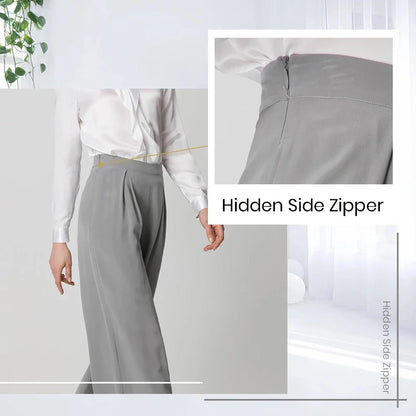 Exquisite grey silk wide-leg trousers with high-waisted design and relaxed fit for sophisticated style