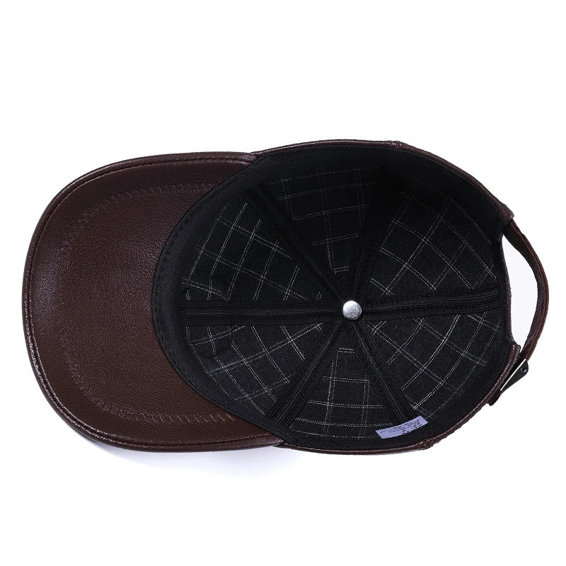 Premium leather peaked cap in black and brown for men and women, featuring an adjustable, breathable, and windproof design for casual wear.