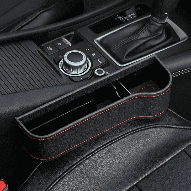 Premium multifunctional car seat organiser with various compartments for storing phones, chargers, pens, and other car essentials