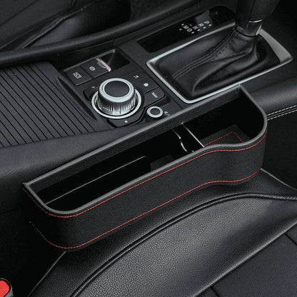 Premium multifunctional car seat organiser with various compartments for storing phones, chargers, pens, and other car essentials