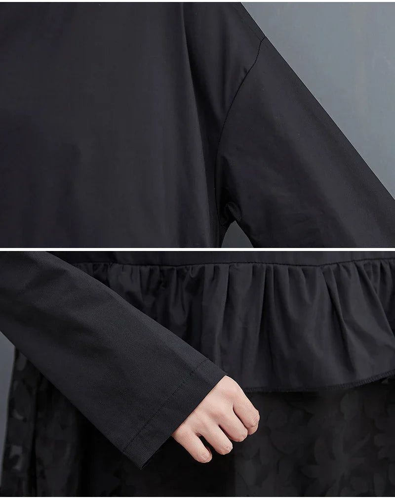 Stylish plus size dress in sophisticated black mesh fabric with wide waistline and long sleeves