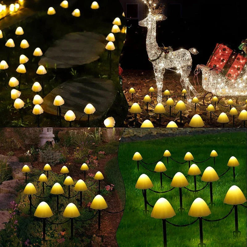 Solar-powered mushroom-shaped pathway lights creating a magical ambiance in a garden or backyard