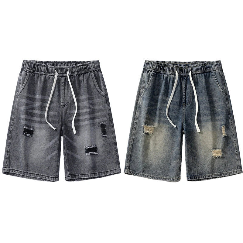 Premium British-crafted vintage-inspired ripped denim shorts for men with a straight-leg silhouette and authentic distressed details