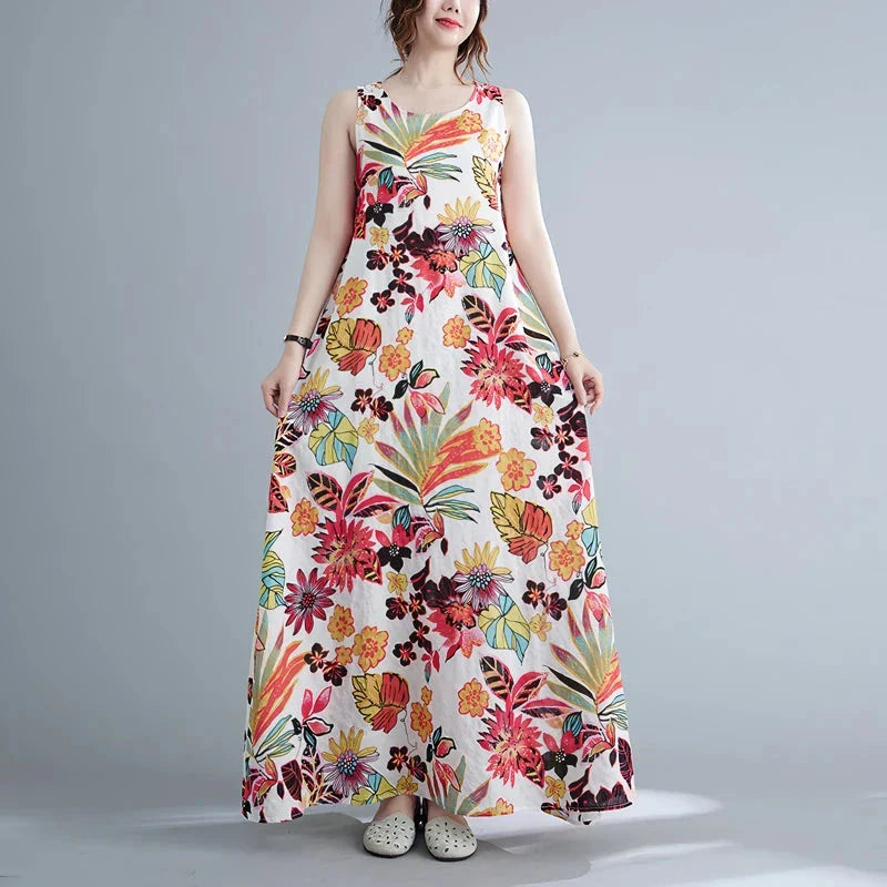 Elegant floral print cotton linen maxi dress in blue, perfect for warm weather wear