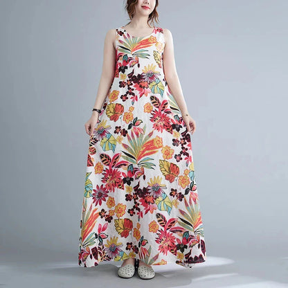 Elegant floral print cotton linen maxi dress in blue, perfect for warm weather wear