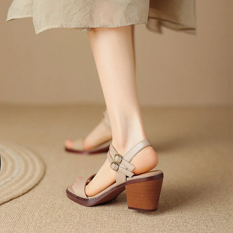 Elegant retro high heel leather sandals in khaki colour, with a sleek design and premium leather construction
