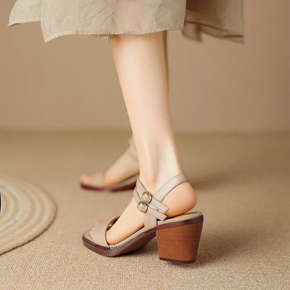 Elegant retro high heel leather sandals in khaki colour, with a sleek design and premium leather construction