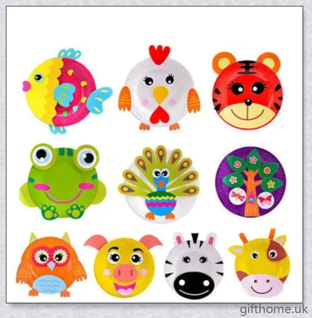Colourful animal paper plate craft kit with various 3D paper plate animals