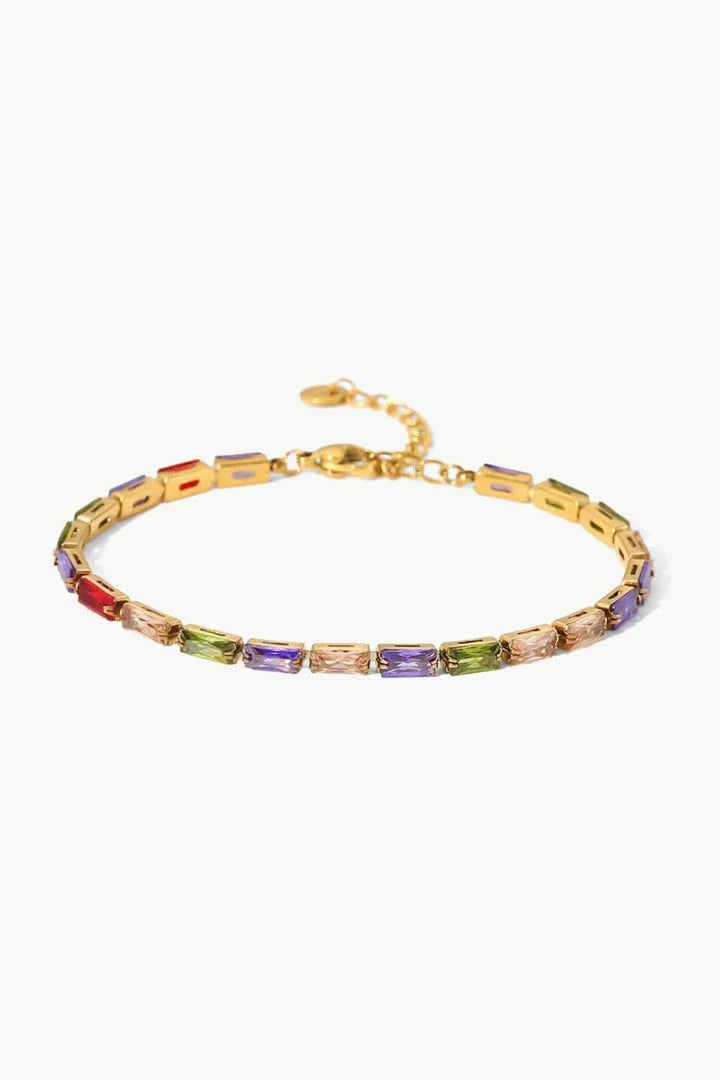 Elegant 18K gold plated bracelet with multicoloured cubic zirconia stones, a versatile accessory that adds a touch of sparkle to any outfit.