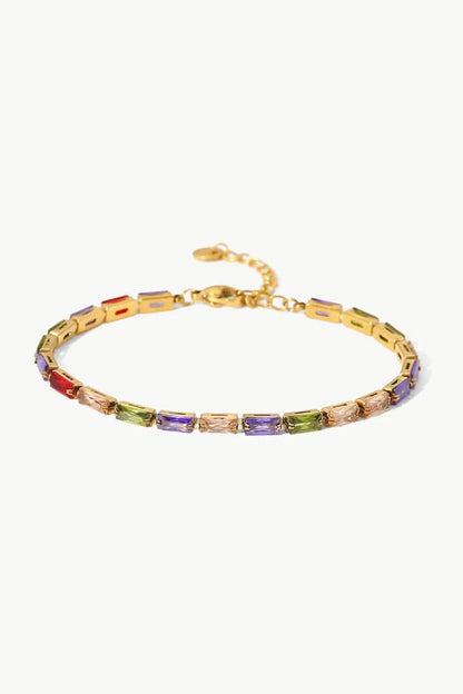 Elegant 18K gold plated bracelet with multicoloured cubic zirconia stones, a versatile accessory that adds a touch of sparkle to any outfit.