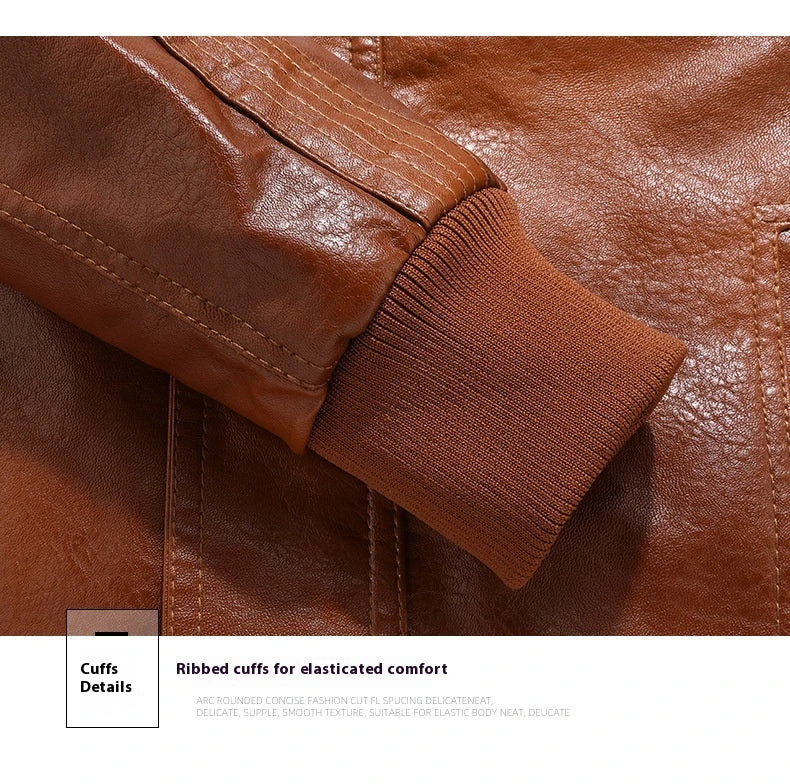Premium leather jacket for men in slim-fit and short style with stand-up collar and multiple pockets