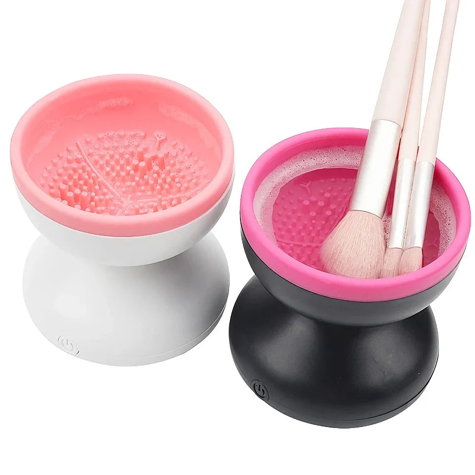 Electric USB makeup brush cleaner and dryer with silicone collar and automatic spinning action for thorough cleaning and drying of makeup brushes