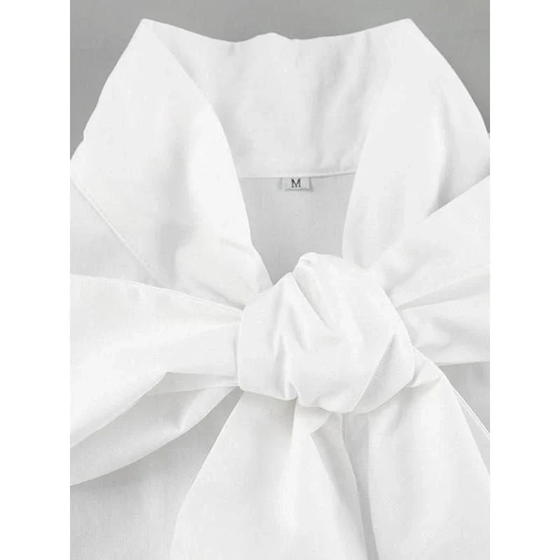 Elegant lace bow blouse for women, featuring a high collar, single-breasted closure, and full sleeves for a refined, versatile look.
