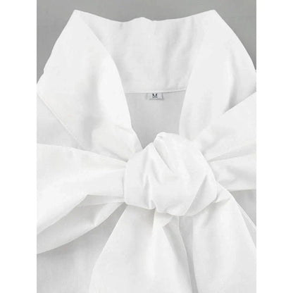 Elegant lace bow blouse for women, featuring a high collar, single-breasted closure, and full sleeves for a refined, versatile look.