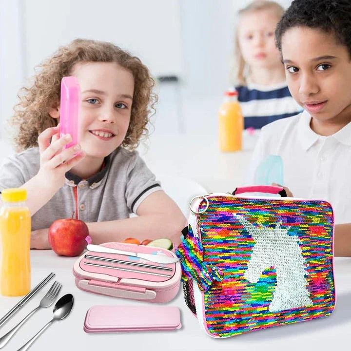 Cartoon unicorn-patterned lunch boxes with insulated lining and cutlery set, perfect for British professionals and families