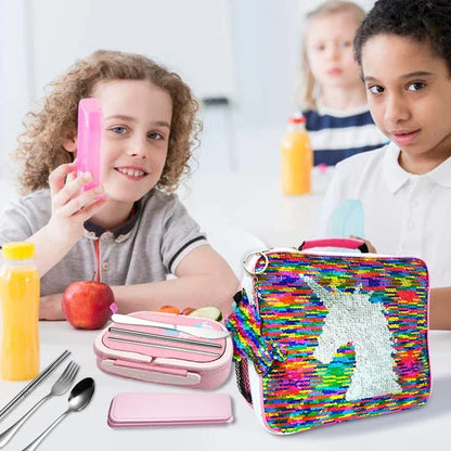 Cartoon unicorn-patterned lunch boxes with insulated lining and cutlery set, perfect for British professionals and families