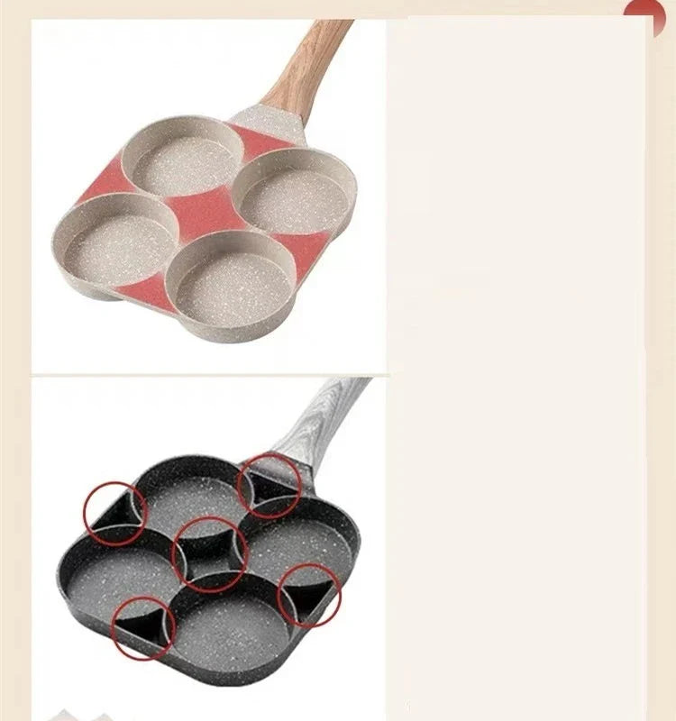 Premium non-stick frying pan with four-hole design for cooking eggs, burgers, and more - a versatile kitchen essential from a British brand