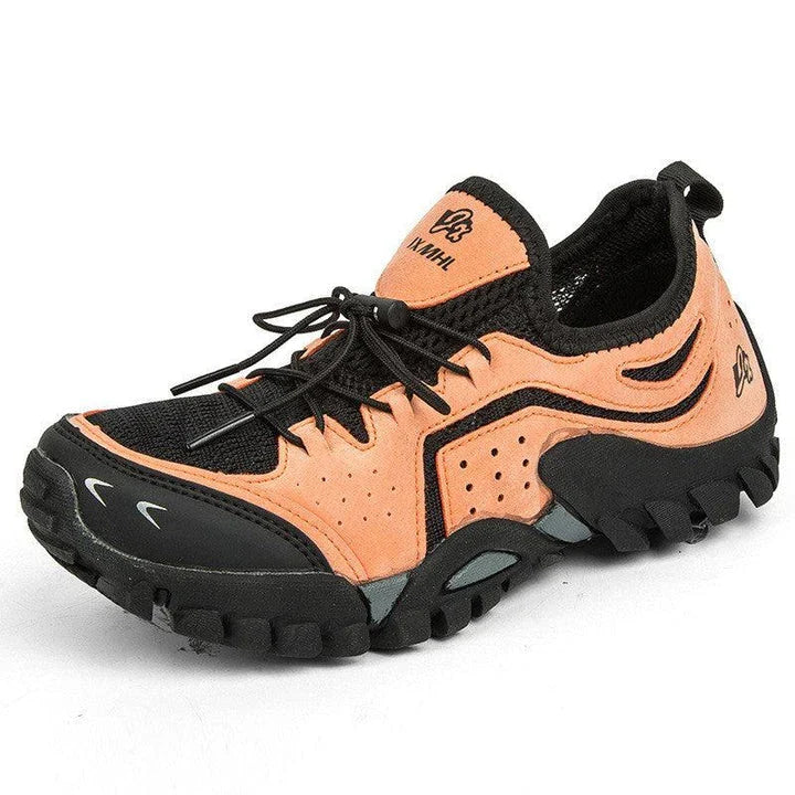 Couple wearing durable British-made mesh hiking shoes exploring the outdoors