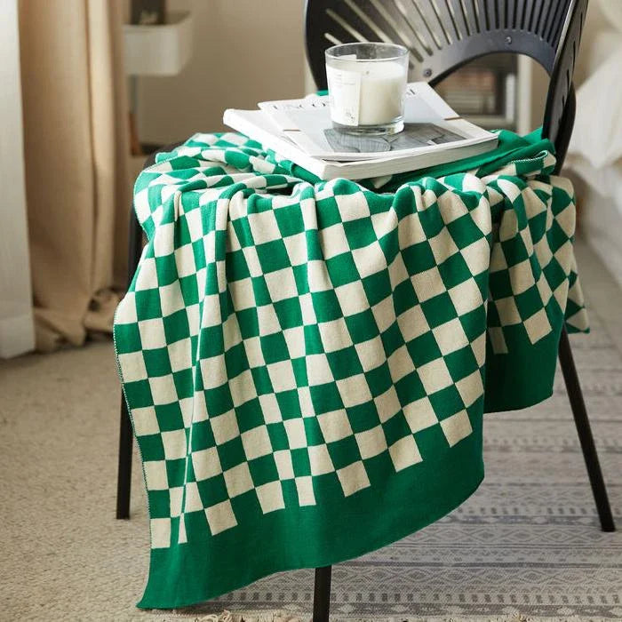 Cosy tartan check cotton knit throw blanket in earthy tones for stylish home decor