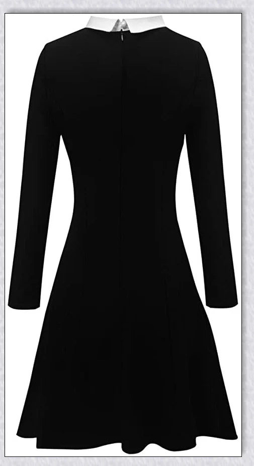 Elegant long-sleeved Peter Pan collar dress in multiple colours, perfect for Halloween or casual wear