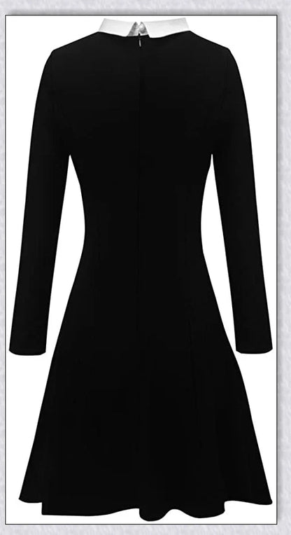 Elegant long-sleeved Peter Pan collar dress in multiple colours, perfect for Halloween or casual wear