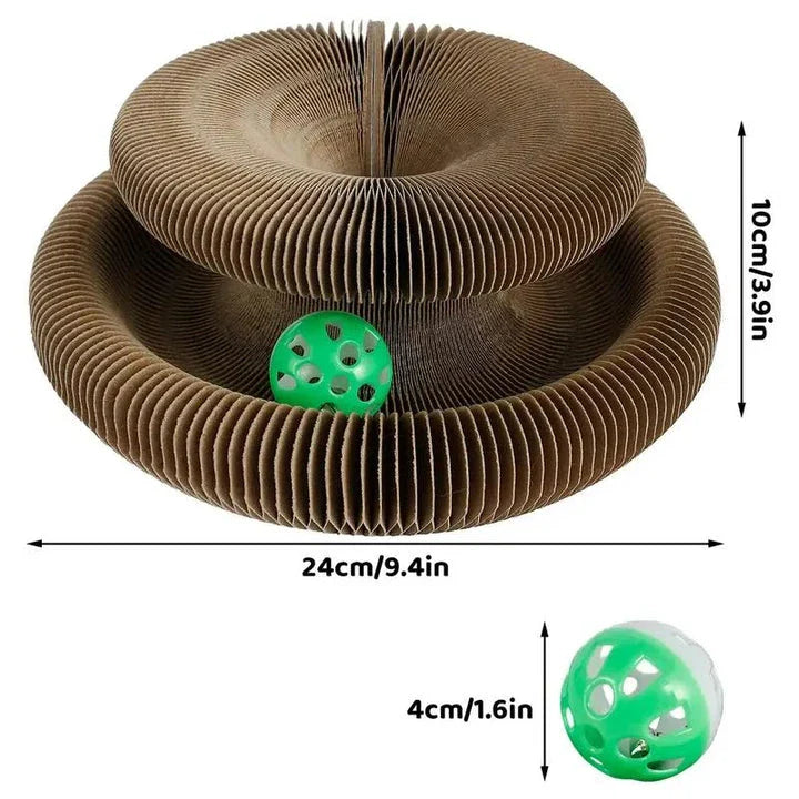 Foldable cat scratcher with toy ball, made of durable corrugated cardboard in versatile bone and crib shapes for active play and relaxation
