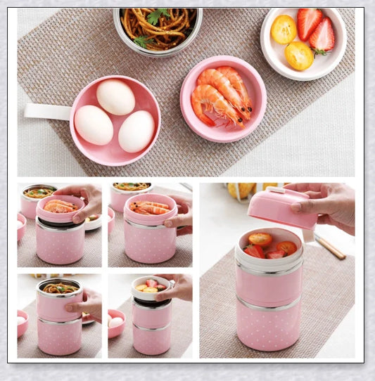 Insulated Hot Food Thermos Lunchbox Tower with multi-layer design and choice of green, pink, blue, or gray colour