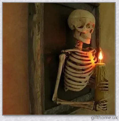 Premium 3D life-size haunted house skeleton decoration with elegant candle holders, creating a mesmerising, ethereal Halloween ambiance