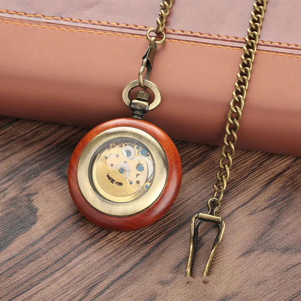 Elegant mahogany texture dial automatic mechanical wooden pocket watch with golden Roman numerals and alloy construction