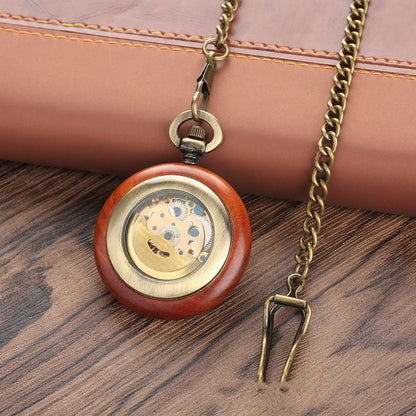 Elegant mahogany texture dial automatic mechanical wooden pocket watch with golden Roman numerals and alloy construction