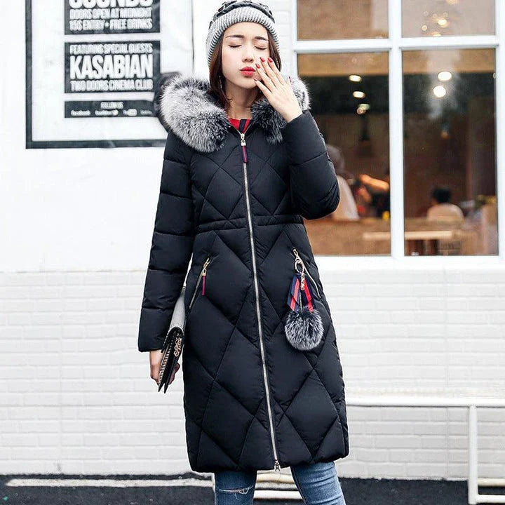 A premium padded down coat for women with a detachable hood, designed to provide warmth and style during the winter.