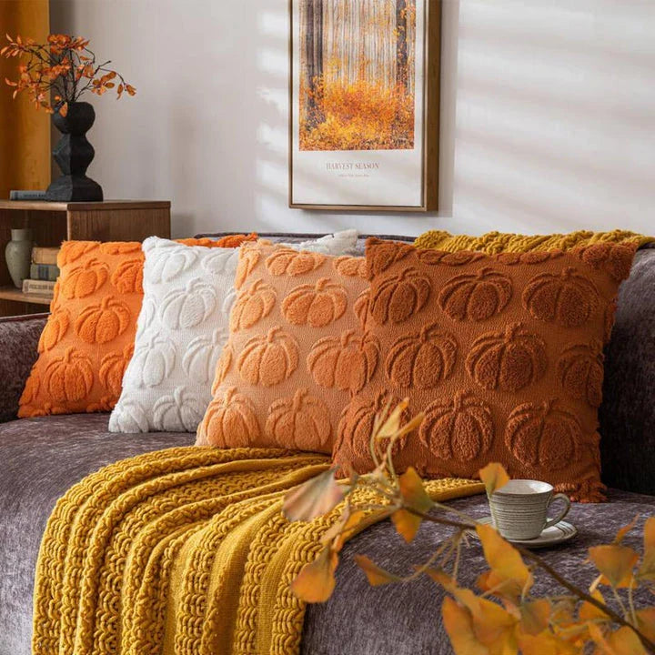 Cosy autumn pumpkin cushion cover made from luxurious faux fur, featuring a charming farmhouse-inspired design.