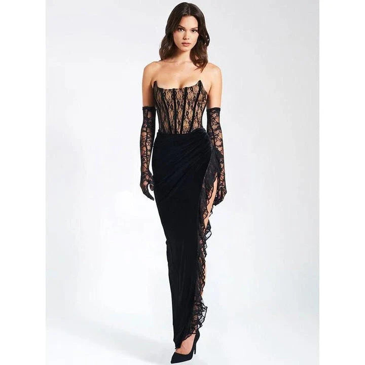 Luxurious black velvet and lace maxi dress with a flattering silhouette, strapless neckline, and backless design for elegant formal occasions