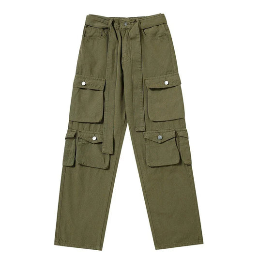 Army green cargo trousers with multiple pockets and a straight fit for a classic, versatile look