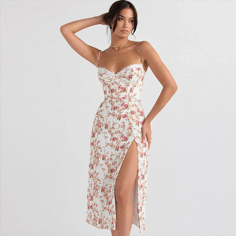 Elegant floral print maxi dress in various colours, perfect for British summer events and occasions