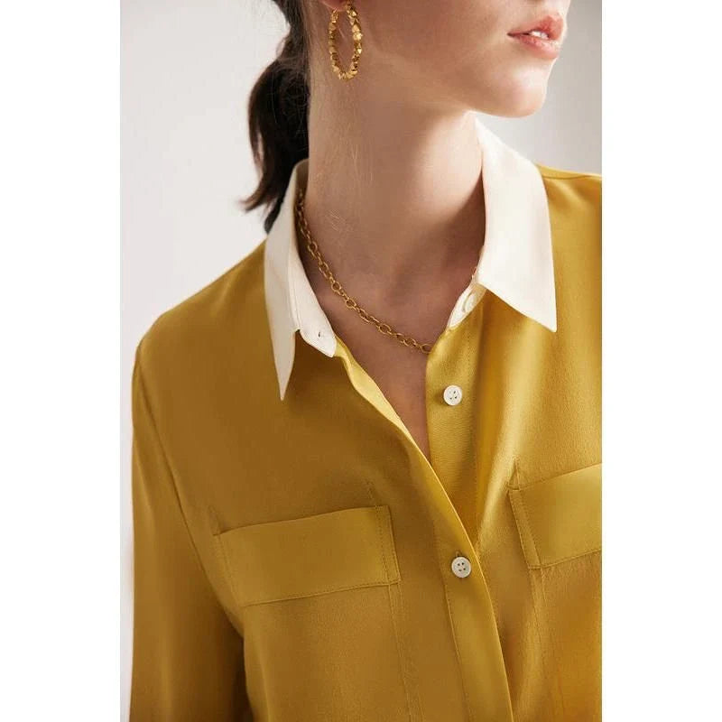 Sophisticated 100% Mulberry silk crepe de chine dress shirt for stylish women in the UK, offering elegance, comfort and versatility.