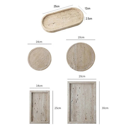 Handcrafted beige travertine marble tray with polished finish, versatile for use in vanity, kitchen, and around the home