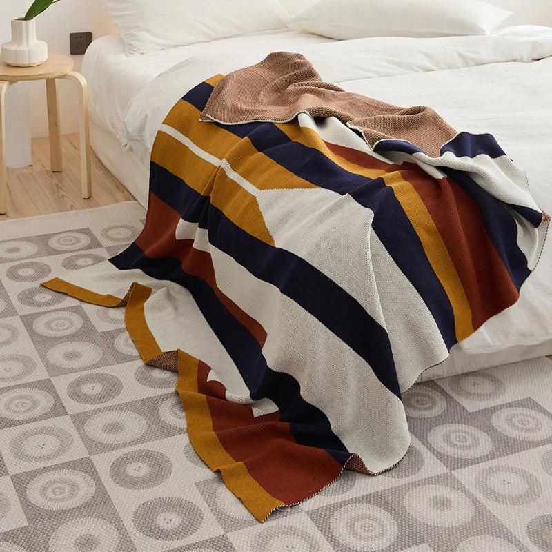 Cosy Bohemian striped throw blanket and cushion cover made from premium 100% cotton, featuring a vibrant jacquard-style pattern