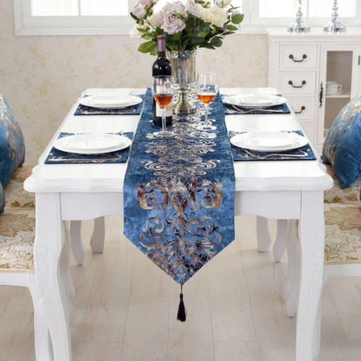 Elegant golden ornament table runner with intricate embroidery, adding a touch of regal charm to any dining setting.