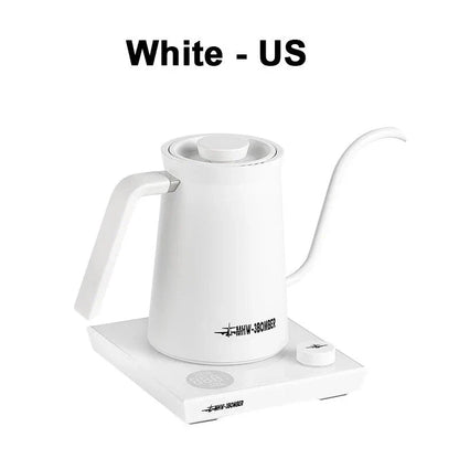 A stainless steel electric gooseneck kettle with precise temperature control and an elegant design, perfect for hand-brewing coffee at home.