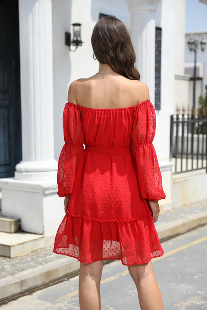 Stylish one-shoulder chiffon dress with ruffled bubble dot design, available in various sizes and blue colour